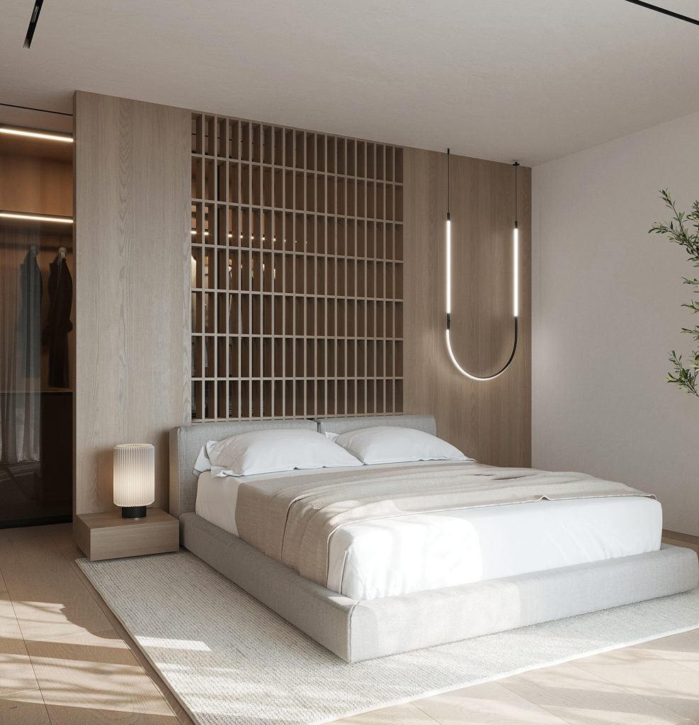 Elemente, die den Preis eines 3d-Bildes von Architektur beeinflussen 7 3d-bild der innenarchitektur ansicht eines elternschlafzimmers mit chevête-tisch und kopfteil aus holz